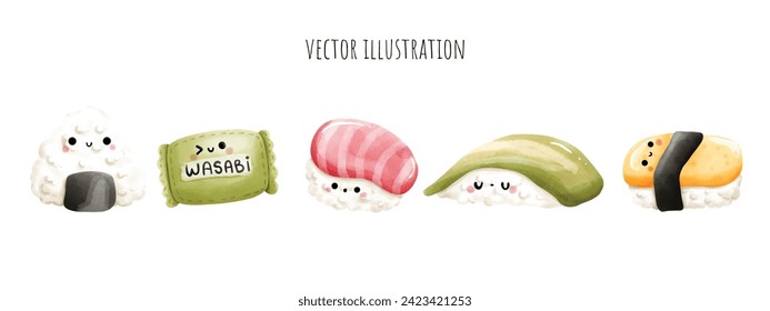 Watercolor Banner of Japanese Food, Sushi. Vector illustration