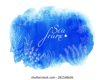 Watercolor banner. Vector sea background. Blue nautical banner. Blobs, stain, paints blot.