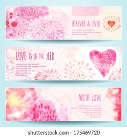 Watercolor Banners with Hearts. Vector illustration, eps10 (editable).