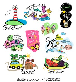 Watercolor Banners, Ribbons And Icons - Isolated On White Background. Vector Illustration, Graphic Design. Hand Drawn, Summer Concept. For Web,Websites,Magazine Page,Print, Promotional Materials