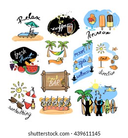 Watercolor Banners, Ribbons And Icons - Isolated On White Background. Vector Illustration, Graphic Design. Hand Drawn, Summer Concept. For Web,Websites,Magazine Page,Print, Promotional Materials