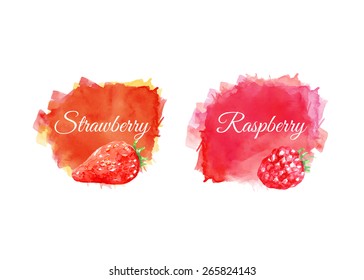 Watercolor banners with strawberry and raspberry. Watercolor vector background.