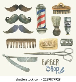 herramientas y elementos de equipamiento de hipster de barber de color de agua, ilustración vectorial de estilo retro. logotipos e iconos de las acuarelas de barbero