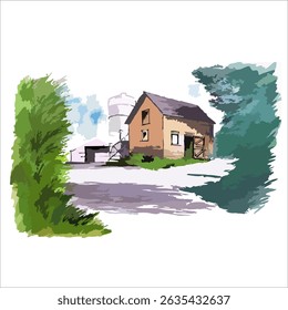 Aquarela Celeiro e Paisagem de Silo. Bom para ilustração de livro, pôster, cartão postal ou cartão comemorativo