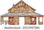 Watercolor Barns Clipart. Farm Style. Red Barn House, Horse, Wood Gate Illustrations. Wedding Invitation DIY.