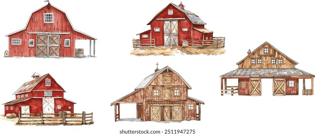 Watercolor Barns Clipart. Farm Style. Red Barn House, Horse, Wood Gate Illustrations. Wedding Invitation DIY.