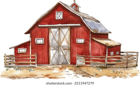 Watercolor Barns Clipart. Farm Style. Red Barn House, Horse, Wood Gate Illustrations. Wedding Invitation DIY.