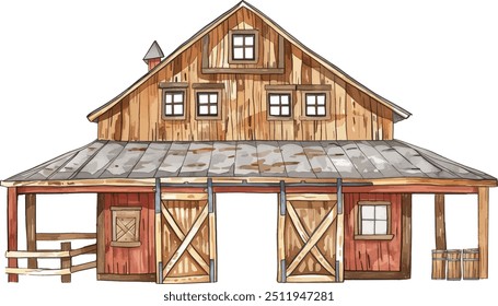 Watercolor Barns Clipart. Farm Style. Red Barn House, Horse, Wood Gate Illustrations. Wedding Invitation DIY.