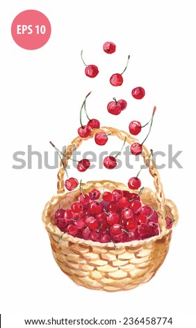 watercolor basket with cherry, painting berry