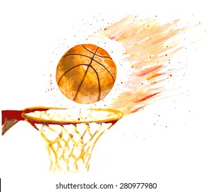 Watercolor Basketball Ball Thrown In A Basket