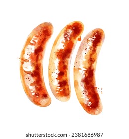 Watercolor bbq sausages. Breakfast food illustration. Oktoberfest vector isolated painting