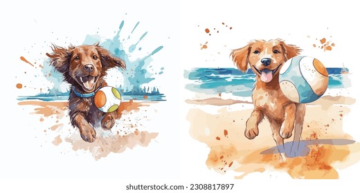 Watercolor Beach Dog Play Vector Set