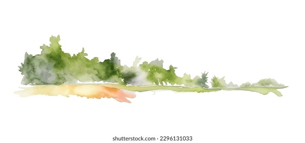 Playa acuática con bosque. Árboles y arbustos verdes aislados en un fondo blanco. Elemento de barra horizontal, divisor, separador, pie de página para su diseño. Ilustración vectorial.