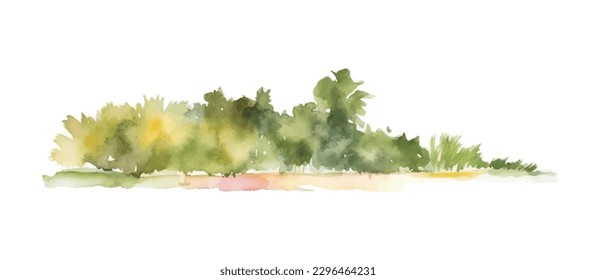 Watercolor beach with forest. Green trees and bushes isolated on white background. Gorizontal bar element, divider, separator, footer for your design. Vector illustration.