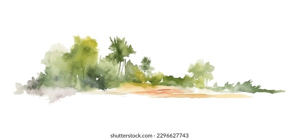 Watercolor beach with forest. Green trees and bushes isolated on white background. Gorizontal bar element, divider, separator, footer for your design. Vector illustration.