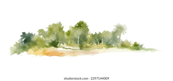 Watercolor beach with forest. Green trees and bushes isolated on white background. Gorizontal bar element, divider, separator, footer for your design. Vector illustration.