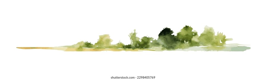 Playa acuática con bosque. Árboles y arbustos verdes aislados en un fondo blanco. Elemento de barra horizontal, divisor, separador, pie de página para su diseño. Ilustración vectorial.