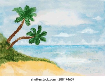 watercolor beach landscape with palms. vector
