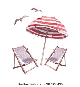 Watercolor beach lounge set. Hand drawn illustration with isolated on white background objects: seagulls, beach umbrella and chairs. Vector design collection