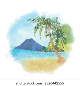 Watercolor beach with mountains, palm tree, sand and blue sky vector illustration 