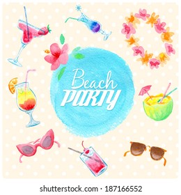 Watercolor beach party flyer. Vector