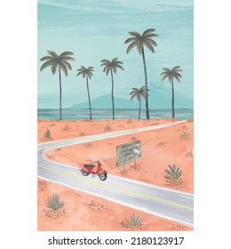 Watercolor Beach Road with Palm Tree. Summer holidays poster with scooter in Zanzibar.