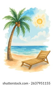 Watercolor beach scene with palm tree, sea, sun, and wooden lounger – vector illustration isolated on white background. Perfect for summer designs and vacation visuals.