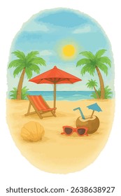 Watercolor beach scene – vector illustration isolated on white background. Perfect for summer designs and vacation visuals.	
