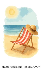 Watercolor beach scene – vector illustration isolated on white background. Perfect for summer designs and vacation visuals.	