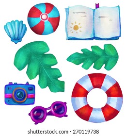 Watercolor beach, sea icons cartoon summer set. Palm leaves, book, sunglasses, camera, sea shell, ball, lifebuoy closeup isolated on white background. Top view