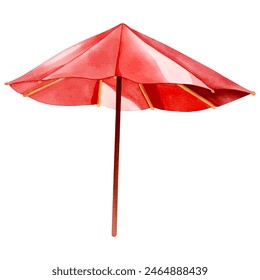 Watercolor beach umbrella. Red color. Watercolor summertime element.