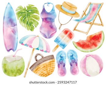 Watercolor Beach Vacation Illustration Set, Hand Painted, Summer, Tropical, Swimsuit, Beach Hat, Surfboard, Coconut Drink, Beach Umbrella, Sandals, Ice Cream, Ball, Tote Bag, Vector Illustration