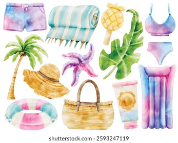 Watercolor Beach Vacation Illustration Set, Hand Painted, Tropical, Relaxing, Swimsuit, Beach Shorts, Towel, Palm Tree, Sun Hat, Starfish, Sunscreen, Tote Bag, Banana Leaf, Vector Illustration