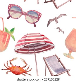 Watercolor beach vacation pattern. Hand drawn summer objects seamless texture: crab, coctail, beach umbrella, sunglasses,  beach chair. Vector wallpaper with white background