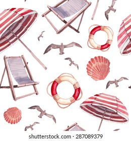 Watercolor beach vacations seamless pattern. Hand drawn texture with isolated on white background objects: seagulls, beach umbrella, sea shell, lifebuoy and chairs. Vector wallpaper