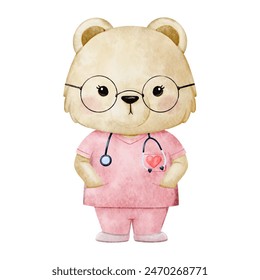 Watercolor  Bear Female Doctor, Animal cute Doctor watercolor kids illustration isolated on white background. Medical children design vector