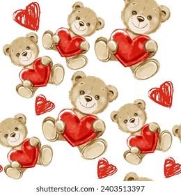 Watercolor bear holding a heart seamless pattern on a white background. Postcard for Valentine's Day. Cute baby illustration for baby shower