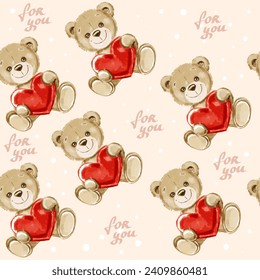 Watercolor bear holding a heart seamless pattern. Gretting card for Valentine's Day. Cute baby illustration for baby shower