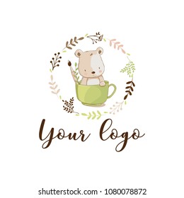 Watercolor bear logo. Eps10 bear with cup template for design. Sweet cartoon vector logotype with floral frame