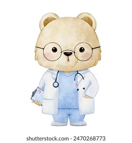 Watercolor Bear Male Doctor, Animal cute Doctor watercolor kids illustration isolated on white background. Medical children design vector