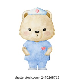 Watercolor Bear Nurse, Animal cute Nurse watercolor kids illustration isolated on white background. Medical children design vector