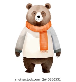 Watercolor bear in warm winter scarf. Hand painted illustration on white background