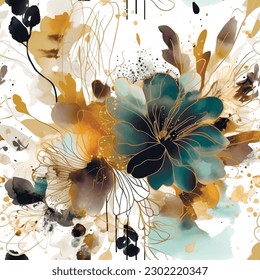Watercolor beautiful blossom flowers seamless pattern. Dirty watercolor abstract background. Hand drawn paint blooming flowers, leaves, spots, doodles. Modern artistic botanical arrangement of flowers