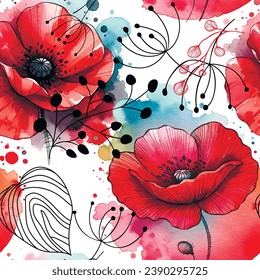 Acuarela hermosa flor de adornos rojos sin fisuras. Sucia acuarela de fondo romántico. Pintura dibujada a mano floreciendo flores silvestres, hojas. Flores modernas de adormidera adornadas con puntos, salpicaduras