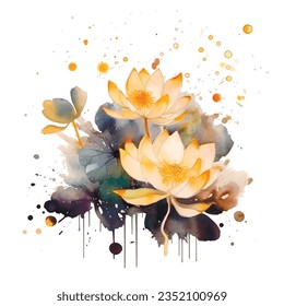 Acuarela hermosa flor patrón de flores de loto amarillo. Fondo vectorial floral de acuarela sucia. Flores de agua pintadas a mano, hojas. Ornamento artístico moderno. Grunge textura. Elemento