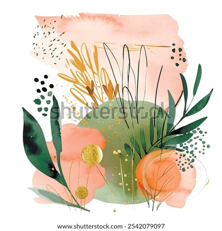 Watercolor beautiful botanical pattern with doodle gold lines, liquid splashes, branches, doodles. Dirty spotty watercolor vector background. Hand drawn paint flowers, leaves. Modern artistic design.