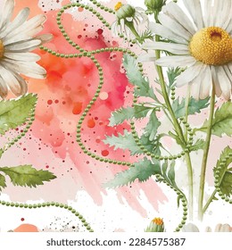 Watercolor beautiful chamomile flowers seamless pattern. Dirty watercolor background with green beads necklace. Hand drawn paint chamomile flowers, leaves. Modern ornaments. Endless grunge texture.