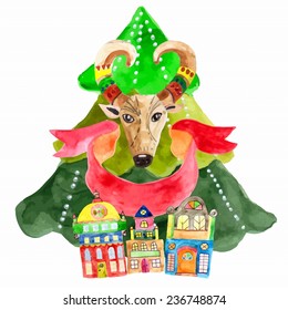 Watercolor beautiful Christmas card with goat over white