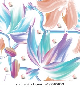 Watercolor beautiful colorful abstract flowers and 3d pearls seamless pattern. Vector watercolor background. Hand drawn paint blossom flowers. Modern textured artistic ornaments. Endless texture.