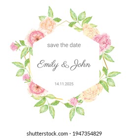 watercolor beautiful English rose flower bouquet wreath with gold frame isolated on white background